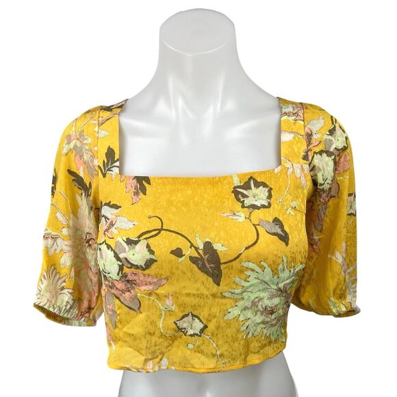 H&M Yellow Floral Square Neck Short Sleeve Open Tie Back Blouse Crop Top Size XS - Picture 1 of 5